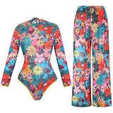 2026 Rash Guard Surfing Suit Plus Size Printed One-Piece Swimsuit Women Sun Protection Swimwear Bodysuit Beachwear with Pants