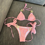 Halter Metal Rings Bikinis Wrinkled Bikini Female Swimsuit Women Swimwear Two-pieces Bikini Set High Cut Bathing Suit Swim Lady