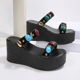 Fashion Gems Chunky Wedges Sandals Women Summer Plus Size 43 Platform Slippers Woman 2026 Gold Super High Heeled Sandalias Mujer