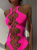 Hollow Out Swimwear Women 2025 High Neck Solid Black Cut Out Backless Monokini Bandage Bathing Suit Holiday One Piece Swimsuit