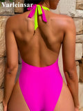 Splicing Deep V Neck Halter Backless Women Swimwear One Piece Swimsuit Female High Cut Monokini Bather Bathing Suit Swim V5793