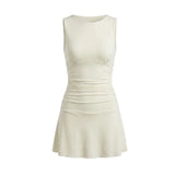 2026 Fashion Women Tank Dress Dots Print/Solid Color Sleeveless Slim Fit Ruched Short Dress for Daily Office Party