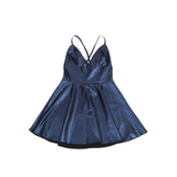 Women Black Nightclub Short Dresses Deep V-Neck Sleeveless Vestidos Faux Leather Suspenders Sexy Nightdress Plus Size Baby Doll