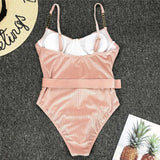 Ribbed Push up Underwired Metal Chain Women Swimwear One Piece Swimsuit Female Waist Belt Monokini Bather Bathing Suit Swim Lady