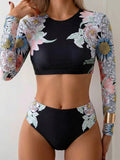 Vintage Black Floral Print Bikini Set 2026 Women Long Sleeve O Neck Top High Waist Swimsuit Beach Holiday Bathing Suit Swimwear
