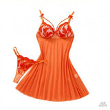 Orange Floral Lace Sheer Mesh Babydoll Lingerie Set Slip Nightdress With Matching Thong Women Sexy Sleepwear ZA825066