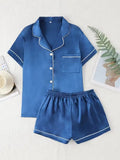 Summer Silk Satin Pajamas Set Womens Short Sleeve Turn-down Collar Button Top & Shorts Sleepwear Loungewear Nightwear