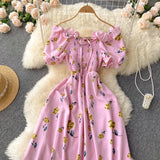 2025 Summer French Vintage Floral Dress Fashion Elegant High-Waisted Drawstring Vestidos Printed Fresh And Sweet Long Dresses