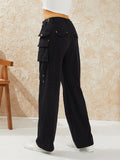 Women Solid Color Loose Cargo Pants Zipper Button Closure Casual Street Trousers with Pockets Black/Khaki/Wine red/Army Green