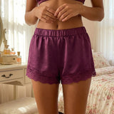 Women Casual Loose Summer Shorts Solid Color Elastic Waist Lace Trim Shorts for Daily Wear, Lounge