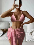 3pcs Sarong Beach Cover Up Skirt Wrinkled Bikini Women Swimwear Female Swimsuit Three-pieces Bikini Set Bathing Suit Swim Lady