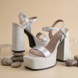 Silver Women Sandals Square Toe 12.5cm High Heel 4.5cm Platform Buckle Strap Large Size 43 44 45 46 Sexy Dating Shoes