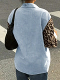 2026 New Women's Loose Casual Leopard Stripe Patchwork Long Sleeve Shirt with Pockets Turn Down Collar Blouse Top