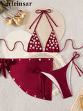 With Sarong Buttons Halter Bikini Female Swimsuit Women Swimwear Three-Pieces Bikini Set Padded Bather Bathing Suit Swim V8307