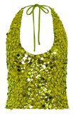 Sexy Solid Green Sequins Crop Tops Women 2026 Summer Halter Neck Lace-up Shiny Corset Vacation Camisole Top Night Club Outfit