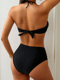 S - XL Metal Rings Halter Female Swimsuit High Waist Bikini Women Swimwear Two-pieces Bikini set Bather Bathing Suit Swim Lady