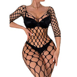Cutout Perspective Long Sleeve Big Mesh Bodysuit, Women Black Sexy Underwear Bold Sexy Clothing Crotchless Unobstructed Jumpsuit