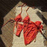 With Sarong Printed Halter Bikini Women Swimwear Female Swimsuit Three-pieces Bikini set Padded Bather Bathing Suit Swim V6966