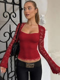 FDYOUI 2026 New Lace Patchwork Long Sleeve T-shirts for Women Square Collar See-through Slim Crop Tops White Black Tee Shirt