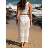 S - XL Crochet Knitted 2 Pieces Suits Solid Tunic Beach Cover Up Cover-ups Beach Dress Beach Wear Beachwear Female Women V8268