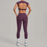 Yoga Set Women's Tracksuit Short Sleeve Back Hollow Out Sports Top Athletic Wear Tight High Waist Pocket Leggings Fitness Suits
