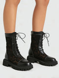 2026 New Big Size 45 Chic Black Lace Mesh Summer Boots Women Round Toe Square Heels Shoelace Zip-up Mid-calf Boots Shoes