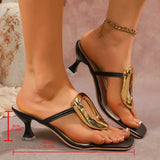 Large Size Metal Buckle Sandals Women's Summer New Thin High Heel Square Head Toe Clip Slippers Rubber Uppers Polyurethane Linin