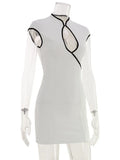 Ahagaga Dresses for Women Sexy Patchwork Hollow Out Cap Sleeve O Neck Sheath Bodycon Slim Casual Club Party Outfits Vestidos