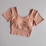 Women's Quick-Dry Yoga Sports Top with Chest Cushion Sexy Short-Sleeved Fitness T-Shirt Tight-Fitting Navel Revealing Yoga Suit