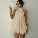 Women's Summer Solid Color Halter Neck Mini Dress Sleeveless Open Back Drop Waist Ruffle Beach Clubbing Dresses