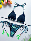 2026 New Women's Swimsuit Neck Hanging Bikini Set Split Beach Swimsuit 2-piece Set with Tassel Decoration