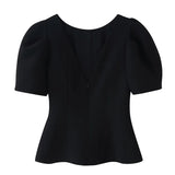 Women's Fashion Casual Bowknot Faux Pearl Puff Sleeve Black Puff Sleeve Bow Detail Peplum Waist Short Sleeve Top For Women Q2Y3