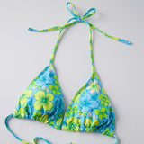 Women’s Two Piece Bikini Set Rose Hibiscus Floral Print Halter Tops with Fold Over Waist Shorts Summer Beach Wear