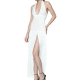 Women Sleeveless Long Dress Halterneck Backless Dots/Floral Slit Dress for Cocktail Party