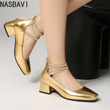 Metallic Silver Gold Women Mary Jane Pumps Square Toe Block Heel Crisscross Ankle Strap Back Zipper Elegant Party Dress Heels
