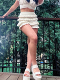 Women Knit Shorts Elastic Waist Ruffle Layered Short Pants Summer Fall Casual Kawaii Grunge Y2K Aesthetic Shorts