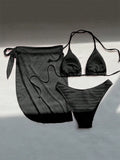 Pink Solid Color 3-piece Swimsuit Women 2026 Summer Beach Skirt Bikini V-neck Halter Backless Bathing Suit Summer Beach Swimwear