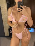 3D Flowers Halter High Leg Cut Thong Bikini Female Swimsuit Women Swimwear Two-Pieces Bikini Set Bather Bathing Suit Swim V6962