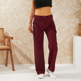 Women Solid Color Loose Cargo Pants Zipper Button Closure Casual Street Trousers with Pockets Black/Khaki/Wine red/Army Green