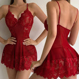 Contrast Lace Ruffle Trim Lingerie Pajamas Set See Through Ultra-thin Women Pajamas Deep V-neck Lace Sleepwear Sexy Pajamas