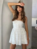 Foridol Button Bowknot Off Shoulder White Lace Mini Dress Summer Beach Embriodery Short Party Holiday Vestidos Smocked 2025