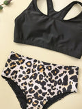 Women Leopard Print Lips Vest Bikinis Sets Three Pieces with Perspective Mesh Cover Crop Tops Swimsuit Bathing Suit Biquini