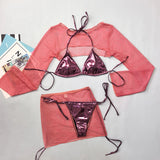 Sexy Gold Mesh Long Sleeve Cover Up Skirt 4 Piece Swimsuit 2026 Swimwear Women Summer Leather Push Up Bra Bathing Suit Swimsuit