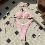Sexy Knitted Hollow Handmade Crochet Bikini Set Women Pink Bandage Criss Cross Micro Swimsuit Bathng Suit Thong Swimwear