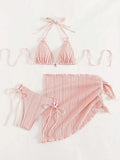 Women Pink Micro Mini String Bikini Sets 4 Pieces with Mesh Cover Tops and Skirt Swimsuit Bathing Suit Beach Outfits Biquini
