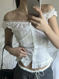 Phantasy Y2K Women Tops White Lace T-Shirt Button Tees Vintage French Style Tops 2025 Spring Summer Tops Female Streetwear