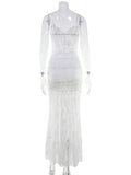 Ahagaga Elegant Lace Women Maxi Dresses Strapless Sheer Sexy Folds Solid Asymmetrical V-Neck Vestidos Robe Sheath Slim Fit Party