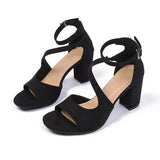 Elegant Ankle Buckle High Heel Sandals Women Black Flock Open Toe Block Heels Rome Sandals Woman Plus Size Bag Heel Party Shoes