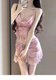 New Korean Style Bikini Set Women Pink Gradient Ruffles Push Up Mesh Skirt 3 Piece Swimsuit Summer Bathing Suit Holiday Swimwear