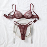 Deep Brown Lace Sexy Deep V Bra And G-string Transparent Hollow Design Women's Underwear Set Costume/Intimate Wear